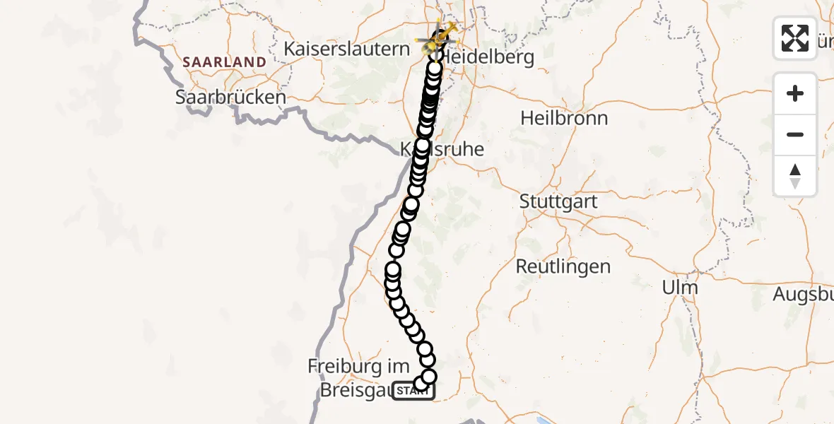Flugroute Ambulanzhubschrauber Titisee-Neustadt - Ludwigshafen Accident Hospital, 09 Oktober 2026, 17:54