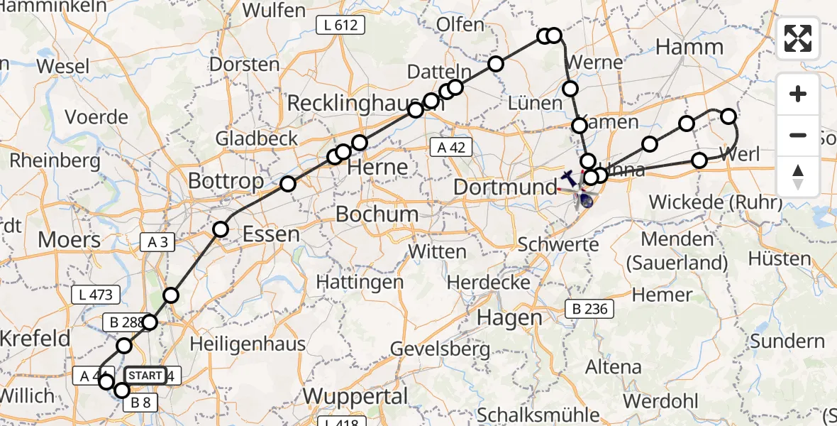 Flugroute Polizeihubschrauber Düsseldorf Flughafen - Dortmund Flughafen, 09 Oktober 2026, 18:09
