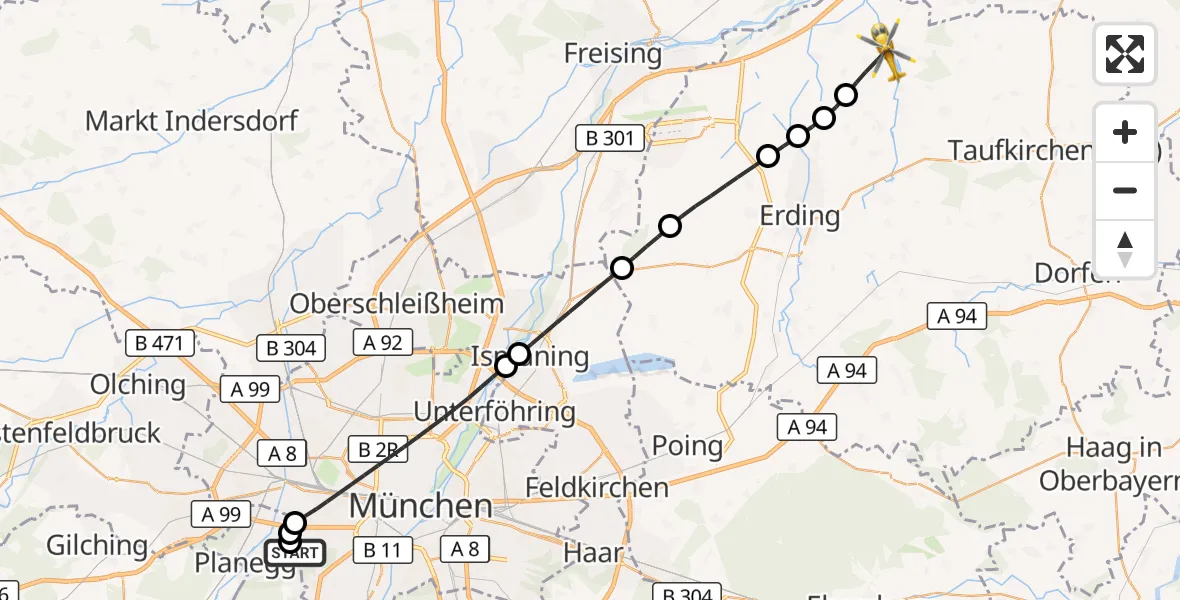 Flugroute Rettungshubschrauber DRF Air Rescue München Hubschrauberlandeplatz - Wartenberg, 09 Oktober 2026, 18:23