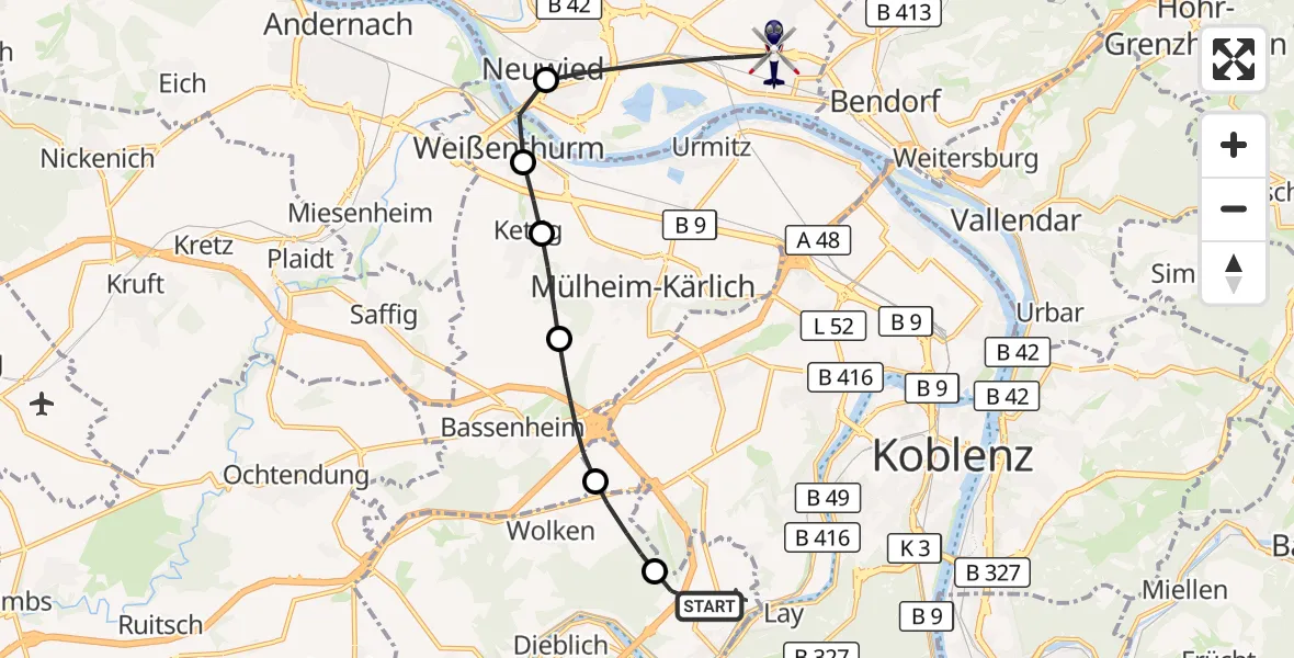 Flugroute Polizeihubschrauber Winningen - Neuwied, 09 Oktober 2026, 18:29