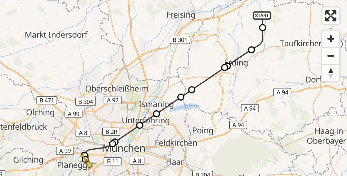 Flugroute Rettungshubschrauber Wartenberg - DRF Air Rescue München Hubschrauberlandeplatz, 09 Oktober 2026, 18:53