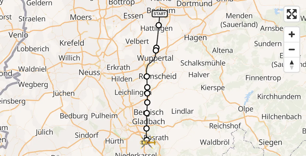 Flugroute Ambulanzhubschrauber Bochum - Köln Bonn Flughafen, 09 Oktober 2026, 19:24