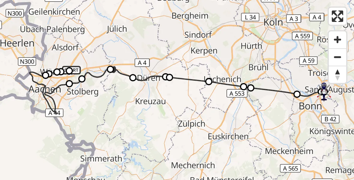 Flugroute Polizeihubschrauber Aachen-Merzbrück Flughafen - Sankt Augustin, 09 Oktober 2026, 19:46