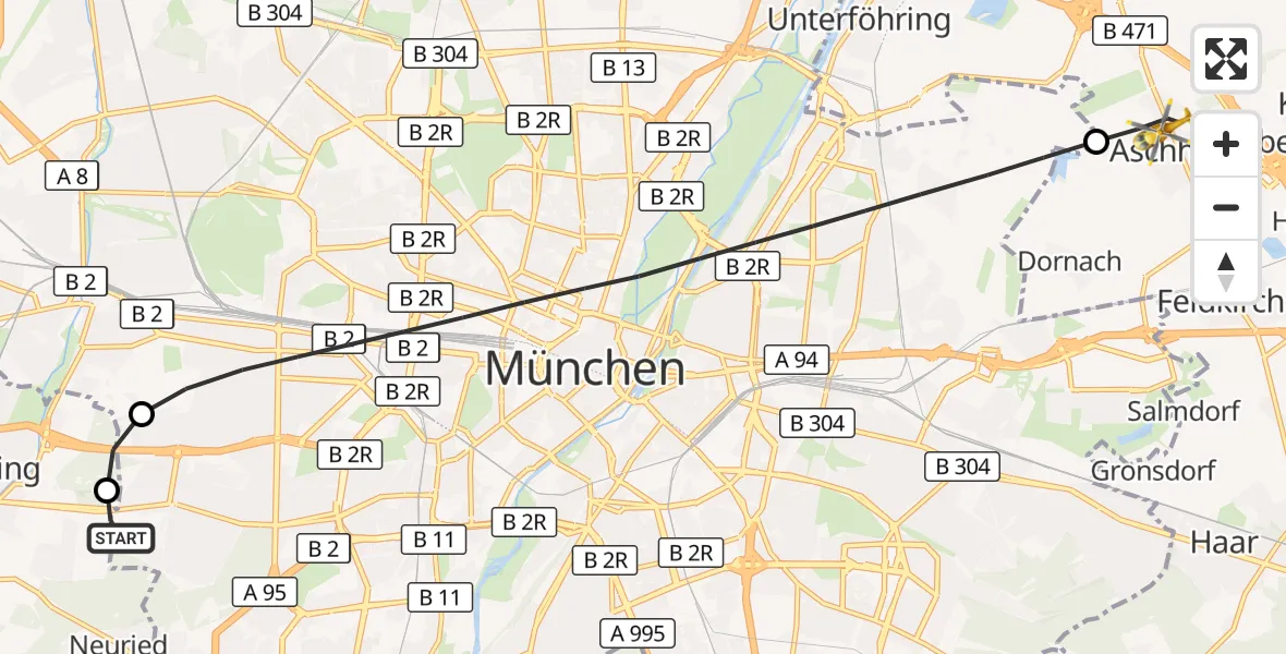 Flugroute Rettungshubschrauber DRF Air Rescue München Hubschrauberlandeplatz - Aschheim, 09 Oktober 2026, 20:40