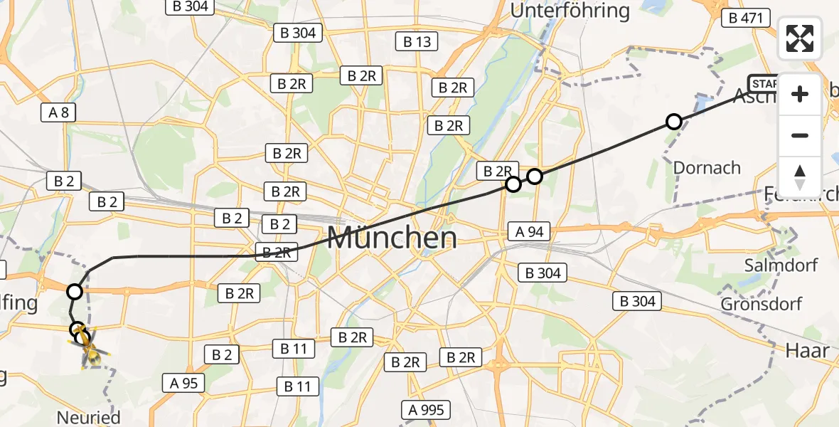 Flugroute Rettungshubschrauber Aschheim - DRF Air Rescue München Hubschrauberlandeplatz, 09 Oktober 2026, 21:14