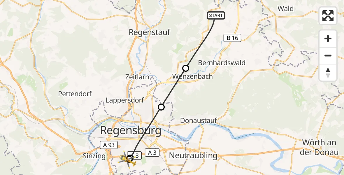 Flugroute Rettungshubschrauber Bernhardswald - DRF Air Rescue Station Regensburg / Regensburg University Hospital, 09 Oktober 2026, 22:11