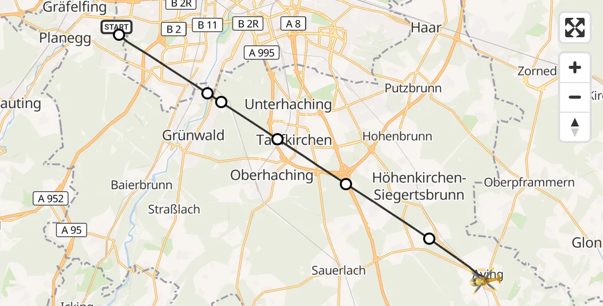 Flugroute Rettungshubschrauber DRF Air Rescue München Hubschrauberlandeplatz - Aying, 10 Oktober 2026, 00:02