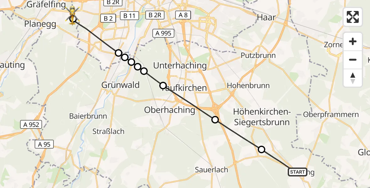 Flugroute Rettungshubschrauber Aying - DRF Air Rescue München Hubschrauberlandeplatz, 10 Oktober 2026, 00:37