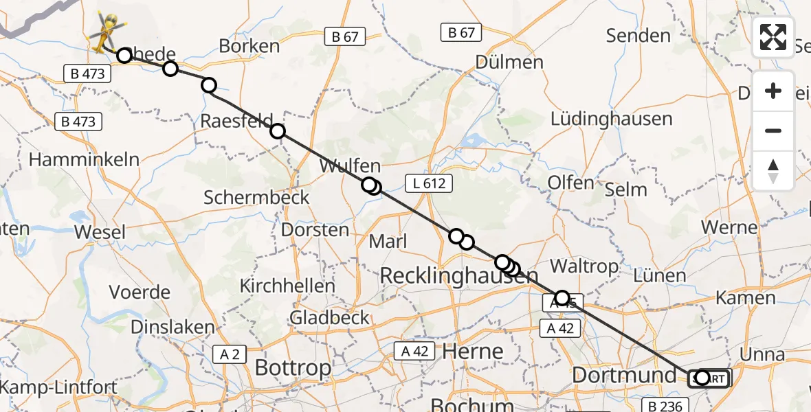 Flugroute Rettungshubschrauber Dortmund Flughafen - Bocholt, 10 Oktober 2026, 02:33