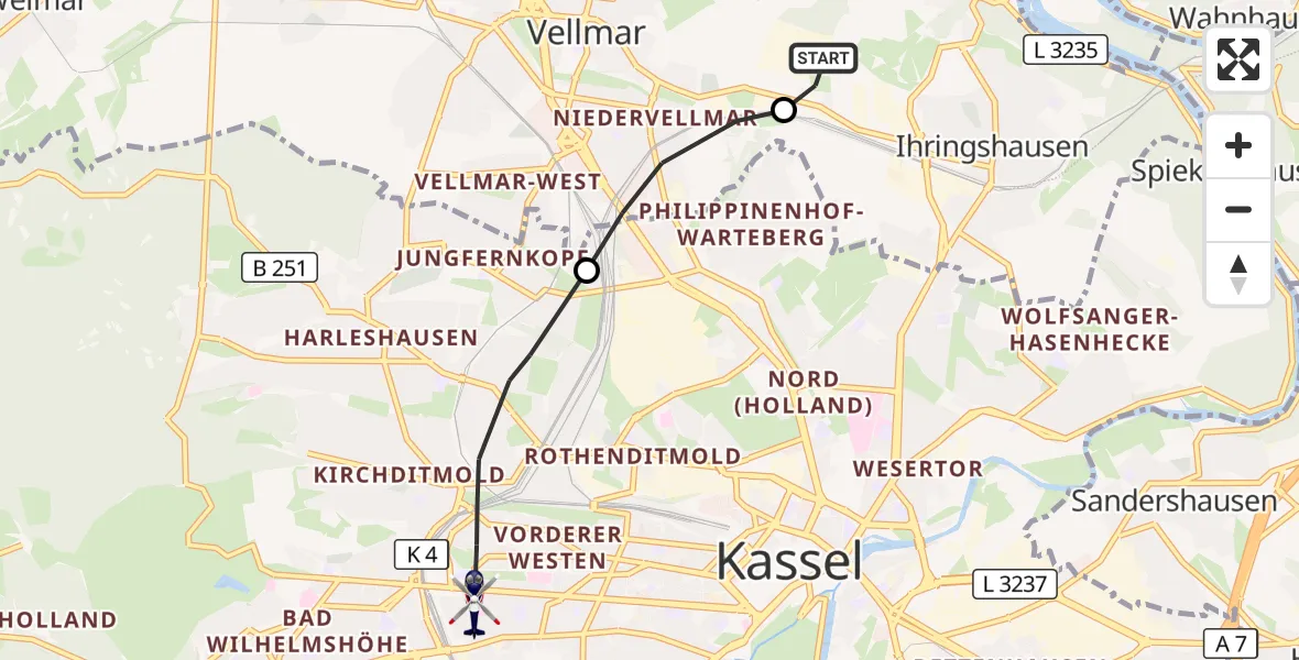 Flugroute Polizeihubschrauber Fuldatal Bundespolizei Hubschrauberlandeplatz - Kassel, 10 Oktober 2026, 05:39