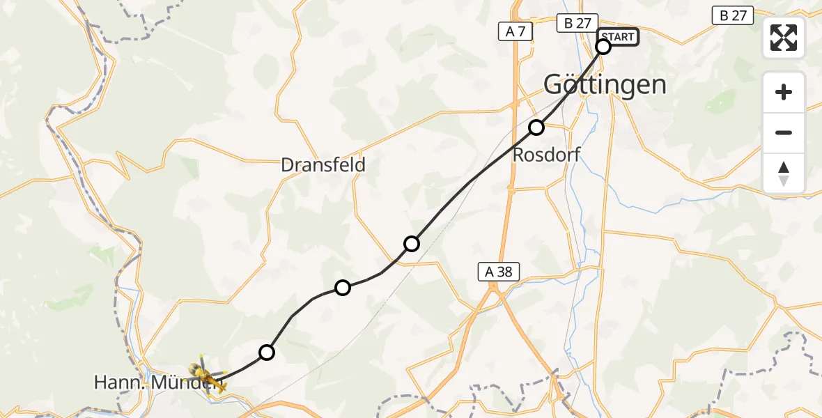 Flugroute Rettungshubschrauber Göttingen University Clinic Hubschrauberlandeplatz - Hann.Münden, 10 Oktober 2026, 06:17