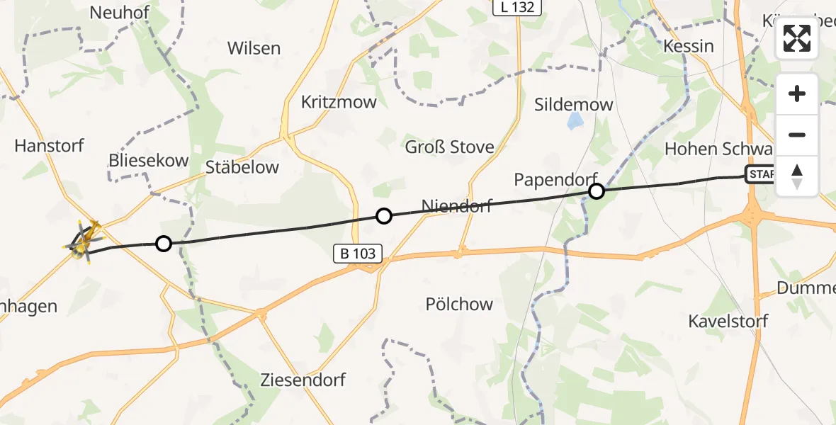Flugroute Ambulanzhubschrauber Dummerstorf - Satow, 10 Oktober 2026, 06:24
