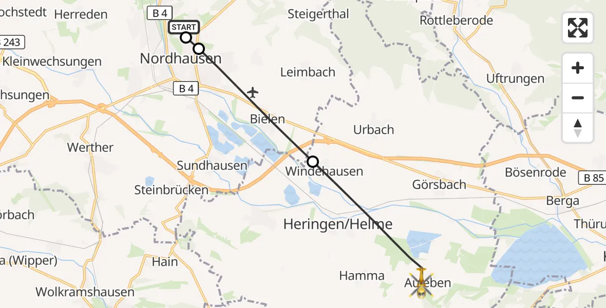Flugroute Rettungshubschrauber Südharz Hospital Nordhausen - Heringen/Helme, 10 Oktober 2026, 06:36