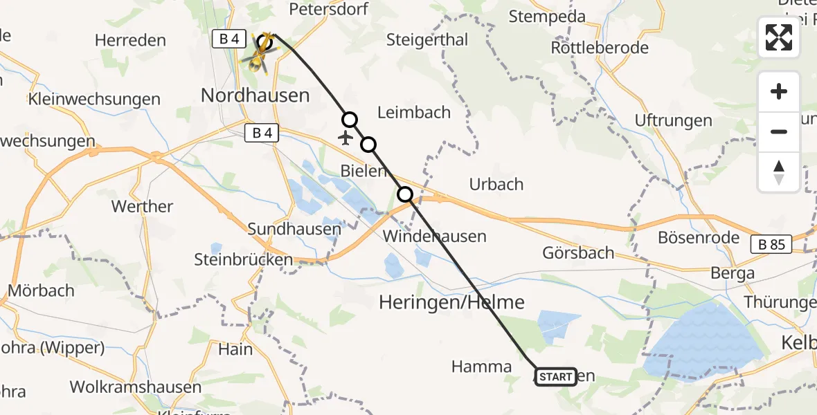 Flugroute Rettungshubschrauber Heringen/Helme - Südharz Hospital Nordhausen, 10 Oktober 2026, 07:05