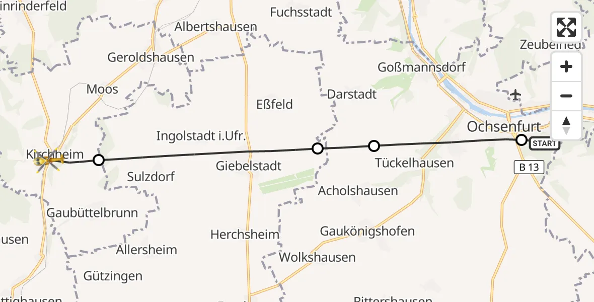Flugroute Rettungshubschrauber Ochsenfurt Hospital - Kirchheim, 10 Oktober 2026, 07:07