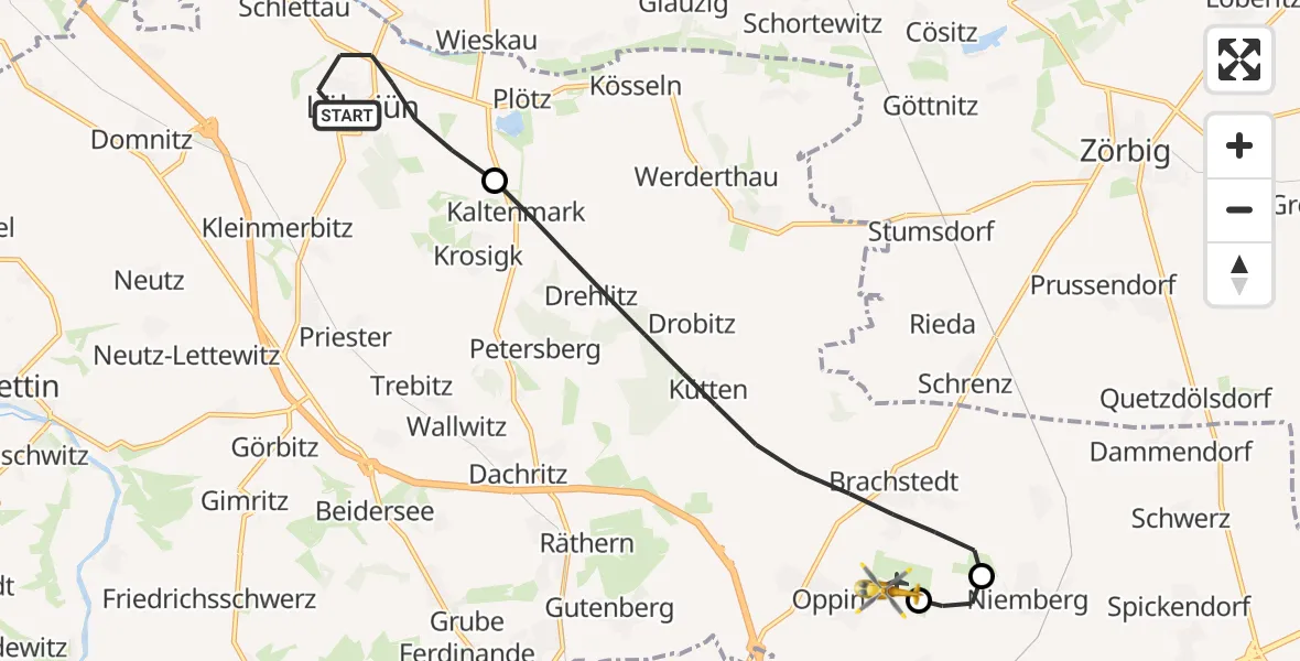 Flugroute Rettungshubschrauber Wettin-Löbejün - Halle-Oppin Flugplatz, 10 Oktober 2026, 07:11