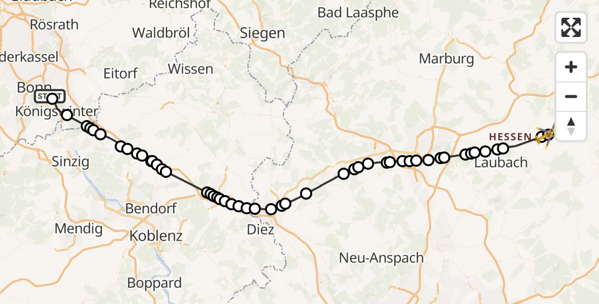 Flugroute Rettungshubschrauber Bonn - Feldatal, 10 Oktober 2026, 07:25