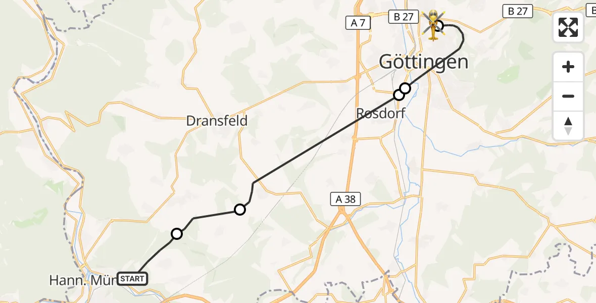 Flugroute Rettungshubschrauber Hann.Münden - Göttingen University Clinic Hubschrauberlandeplatz, 10 Oktober 2026, 07:30