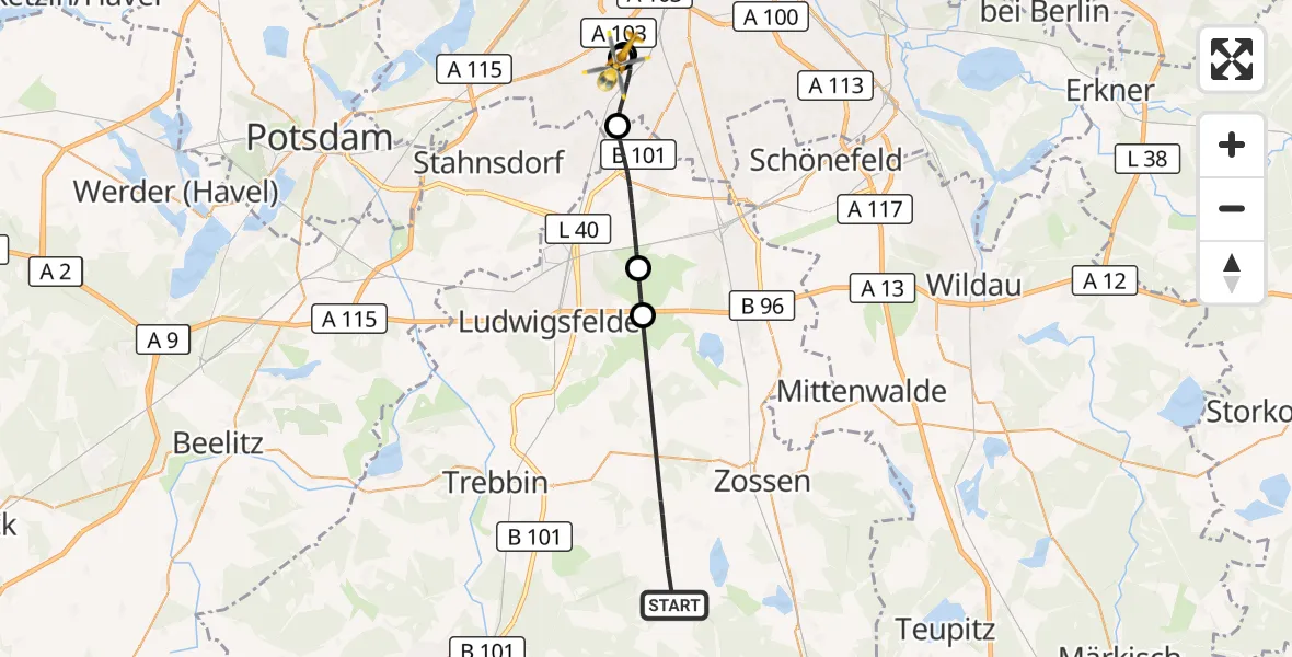 Flugroute Rettungshubschrauber Am Mellensee - Charité Clinic Benjamin Franklin Campus, 10 Oktober 2026, 07:33