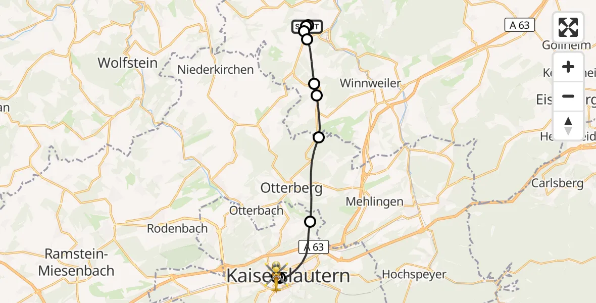 Flugroute Rettungshubschrauber Rockenhausen - Westpfalz Hospital Kaiserslautern, 10 Oktober 2026, 07:39