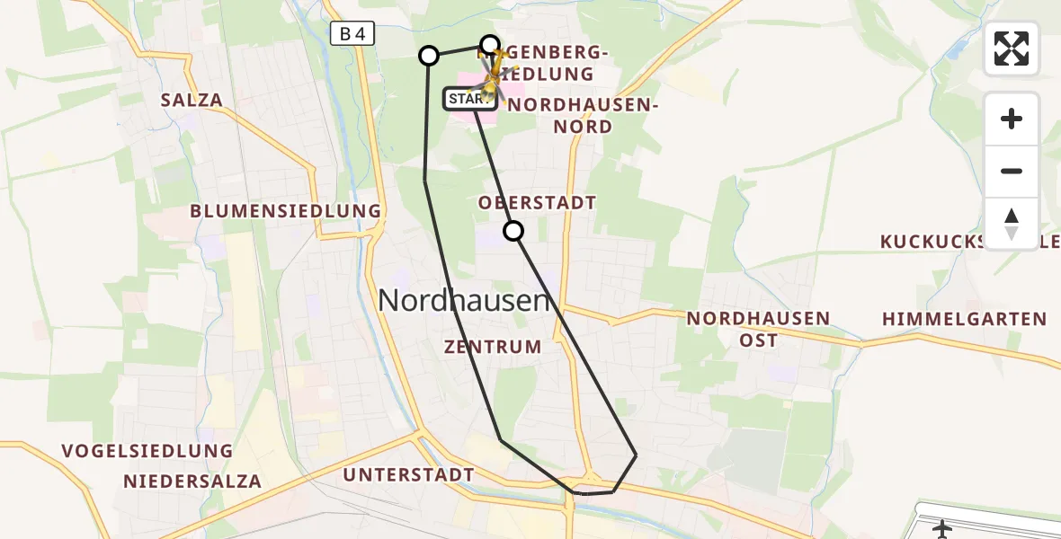 Flugroute Rettungshubschrauber Südharz Hospital Nordhausen - Südharz Hospital Nordhausen, 10 Oktober 2026, 07:39