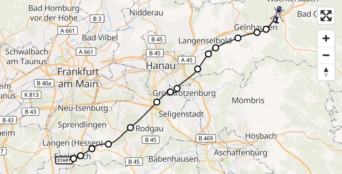 Flugroute Polizeihubschrauber Flughafen Frankfurt-Egelsbach - Gelnhausen, 10 Oktober 2026, 07:43