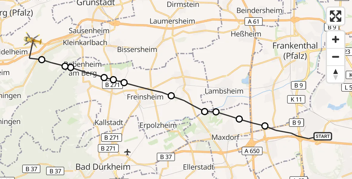 Flugroute Rettungshubschrauber Ludwigshafen am Rhein - Tiefenthal, 10 Oktober 2026, 07:43