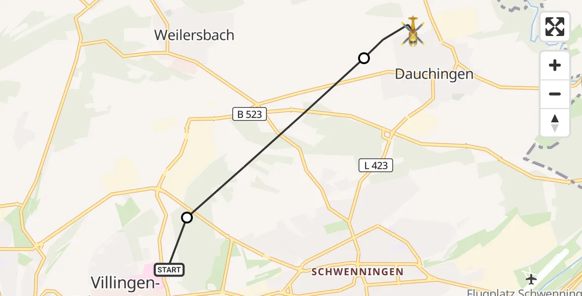 Flugroute Ambulanzhubschrauber DRF Air Rescue Station Villingen-Schwenningen Hubschrauberlandeplatz (Christoph 11) - Dauchingen, 10 Oktober 2026, 07:48