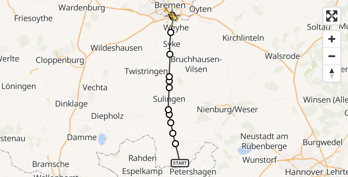 Flugroute Rettungshubschrauber Warmsen - ADAC Air Rescue Station Bremen Hubschrauberlandeplatz (Christoph 6), 10 Oktober 2026, 07:48
