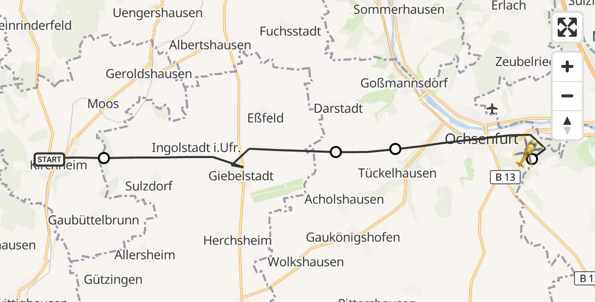 Flugroute Rettungshubschrauber Kirchheim - Ochsenfurt Hospital, 10 Oktober 2026, 07:52