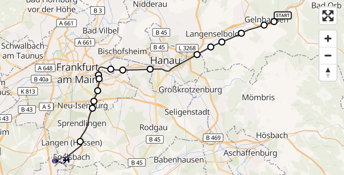 Flugroute Polizeihubschrauber Gelnhausen - Flughafen Frankfurt-Egelsbach, 10 Oktober 2026, 08:10