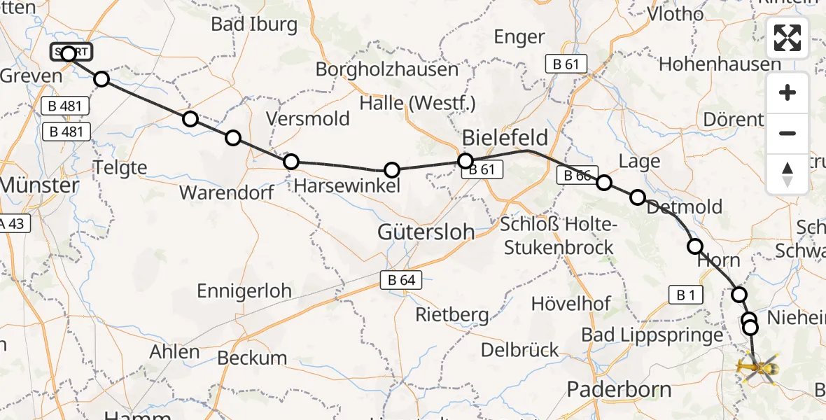 Flugroute Ambulanzhubschrauber Christoph  Westfalen-ADAC - Bad Driburg, 10 Oktober 2026, 08:11