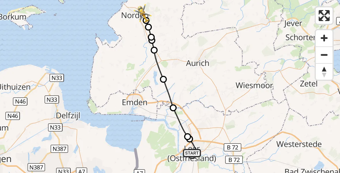 Flugroute Ambulanzhubschrauber Leer (Ostfriesland) - Lütetsburg, 10 Oktober 2026, 08:14