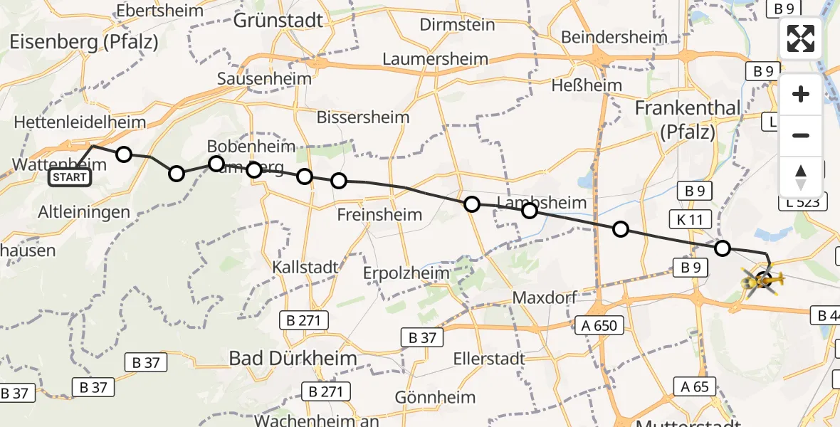 Flugroute Rettungshubschrauber Wattenheim - Ludwigshafen Accident Hospital, 10 Oktober 2026, 08:20