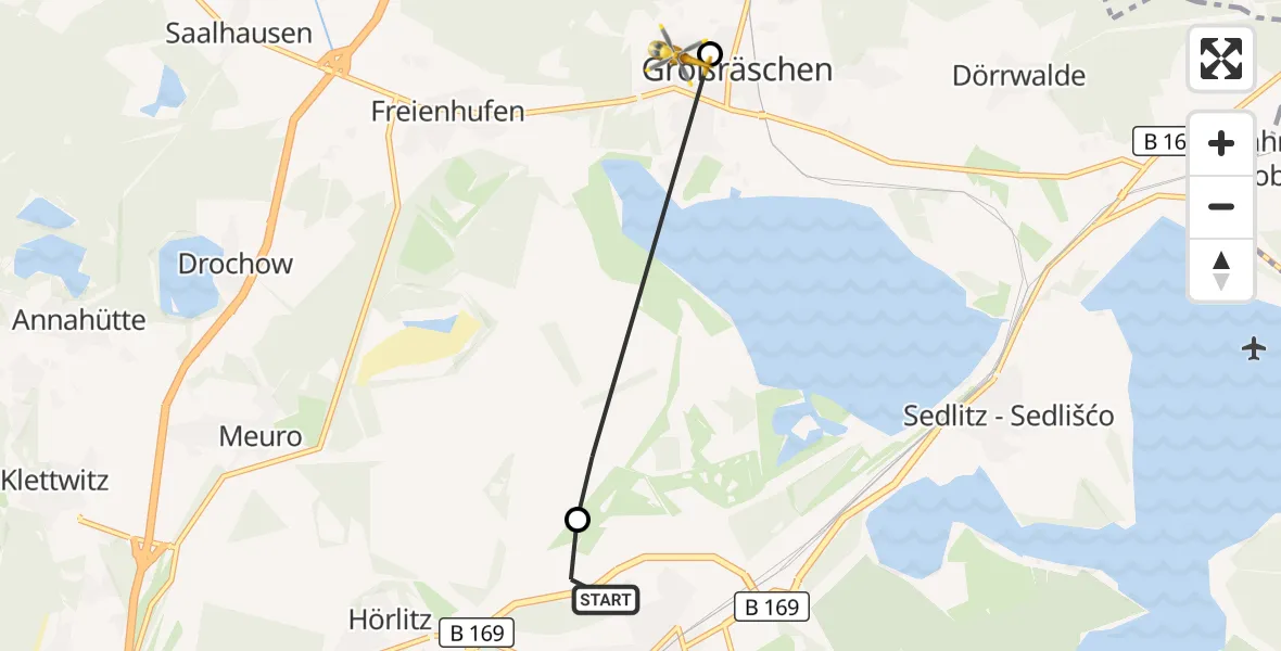 Flugroute Ambulanzhubschrauber ADAC Luftrettungsstation Senftenberg Hubschrauberlandeplatz - Großräschen, 10 Oktober 2026, 08:27