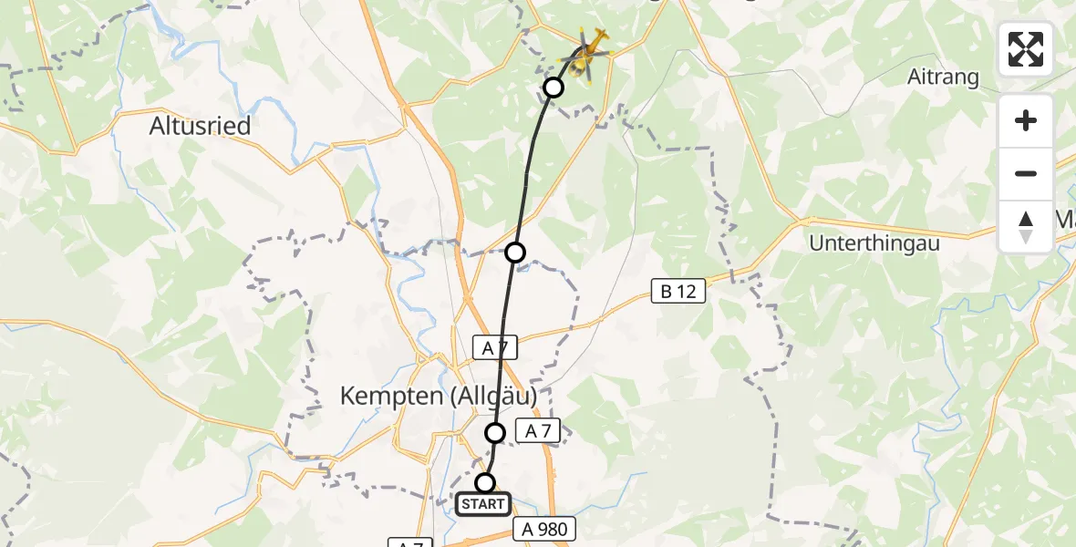 Flugroute Rettungshubschrauber Kempten-Durach Flugplatz - Untrasried, 10 Oktober 2026, 08:45