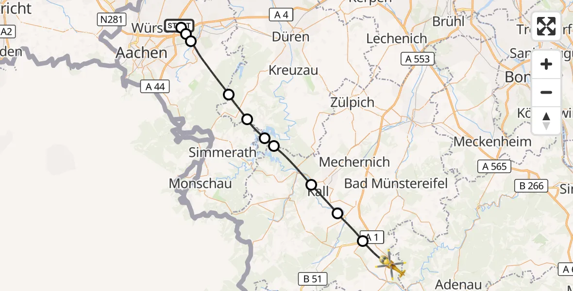 Flugroute Rettungshubschrauber Aachen-Merzbrück Flughafen - Blankenheim, 10 Oktober 2026, 08:53