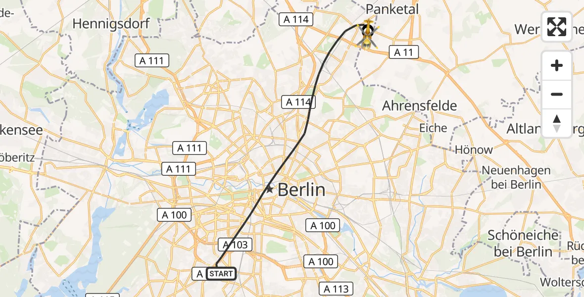 Flugroute Rettungshubschrauber Berlin - Helios Clinic Berlin-Buch, 10 Oktober 2026, 08:57