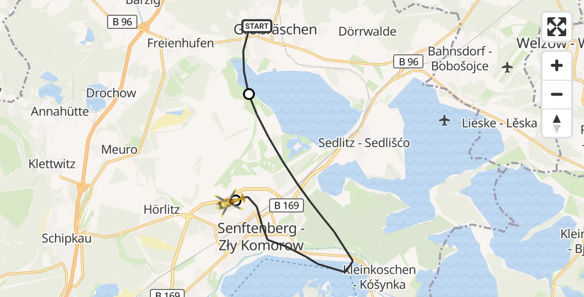Flugroute Ambulanzhubschrauber Großräschen - ADAC Luftrettungsstation Senftenberg Hubschrauberlandeplatz, 10 Oktober 2026, 08:59