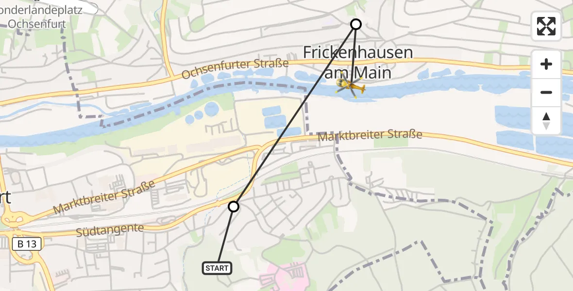 Flugroute Rettungshubschrauber Ochsenfurt Hospital - Frickenhausen a.Main, 10 Oktober 2026, 08:59
