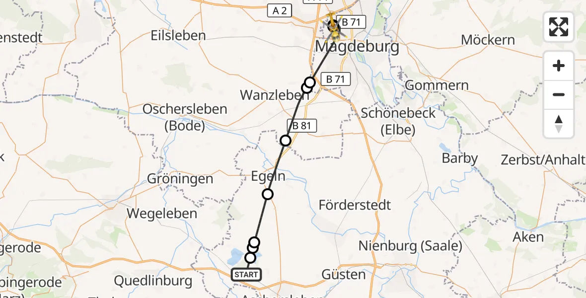 Flugroute Rettungshubschrauber Seeland - Magdeburg Hospital, 10 Oktober 2026, 09:06