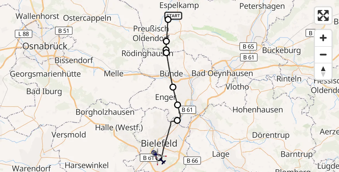 Flugroute Polizeihubschrauber Espelkamp - Luftrettungszentrum Bielefeld, 10 Oktober 2026, 09:07