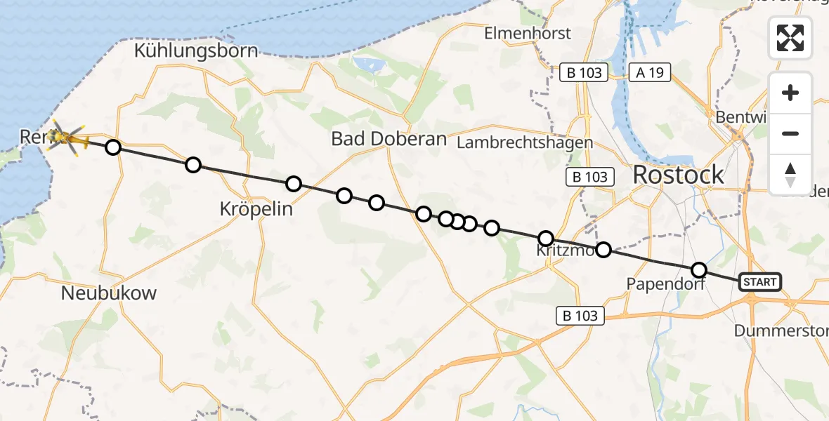 Flugroute Ambulanzhubschrauber Dummerstorf - Rerik, 10 Oktober 2026, 09:18