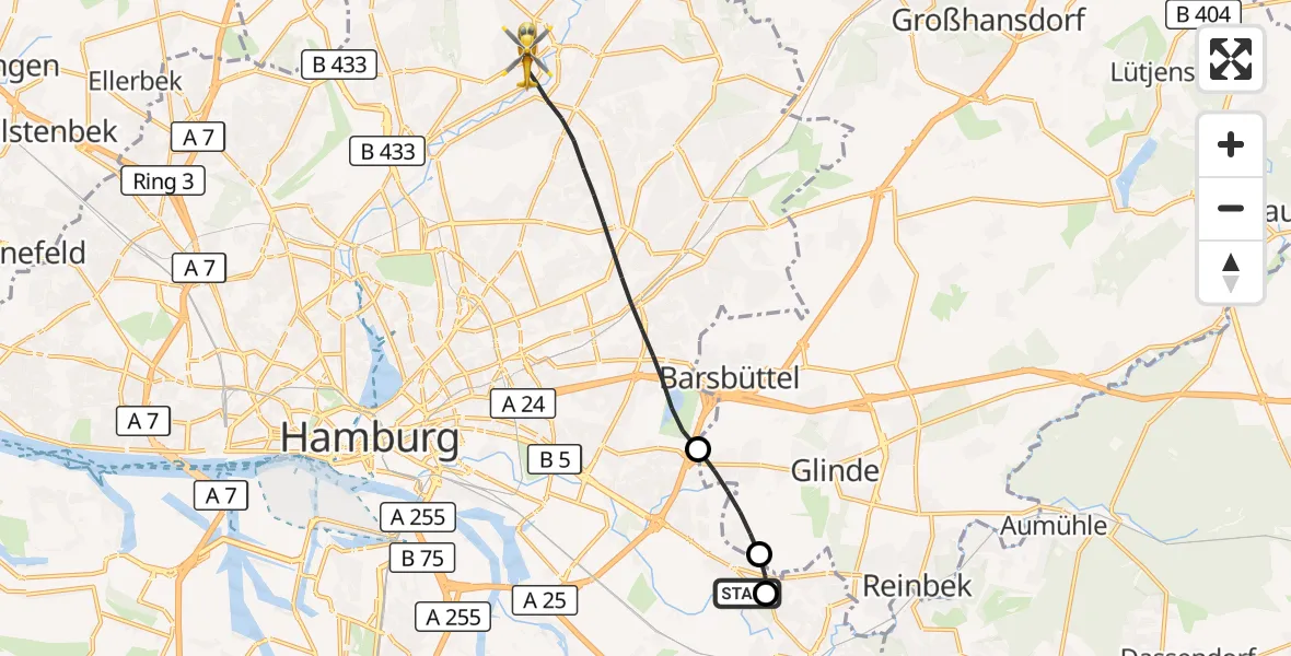 Flugroute Rettungshubschrauber Christoph Hansa ADAC Hubschrauberlandeplatz - Hamburg, 10 Oktober 2026, 09:23