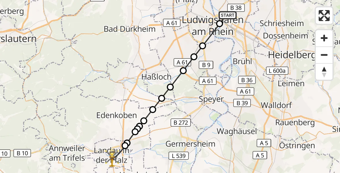 Flugroute Rettungshubschrauber Mannheim - Landau in der Pfalz, 10 Oktober 2026, 09:24