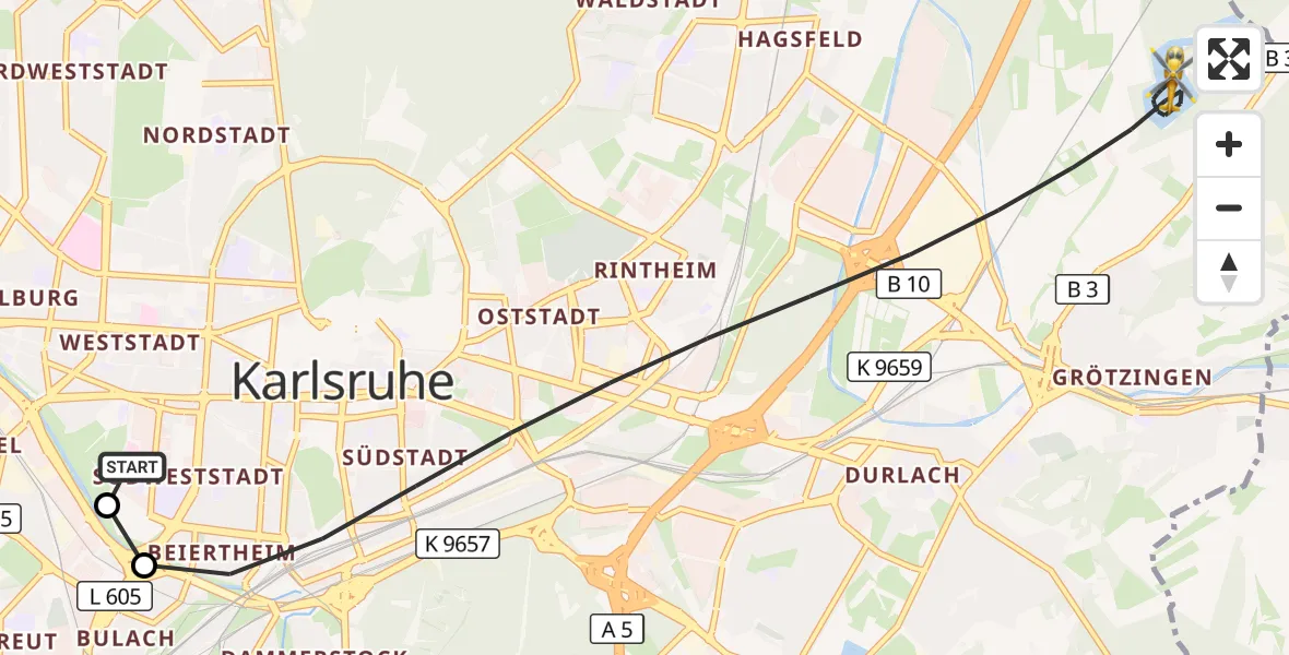 Flugroute Ambulanzhubschrauber Sankt Vincentius Hospital - Karlsruhe, 10 Oktober 2026, 09:30