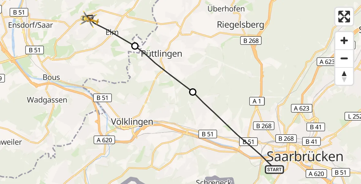 Flugroute Rettungshubschrauber Saarbrücken - Schwalbach, 10 Oktober 2026, 09:32