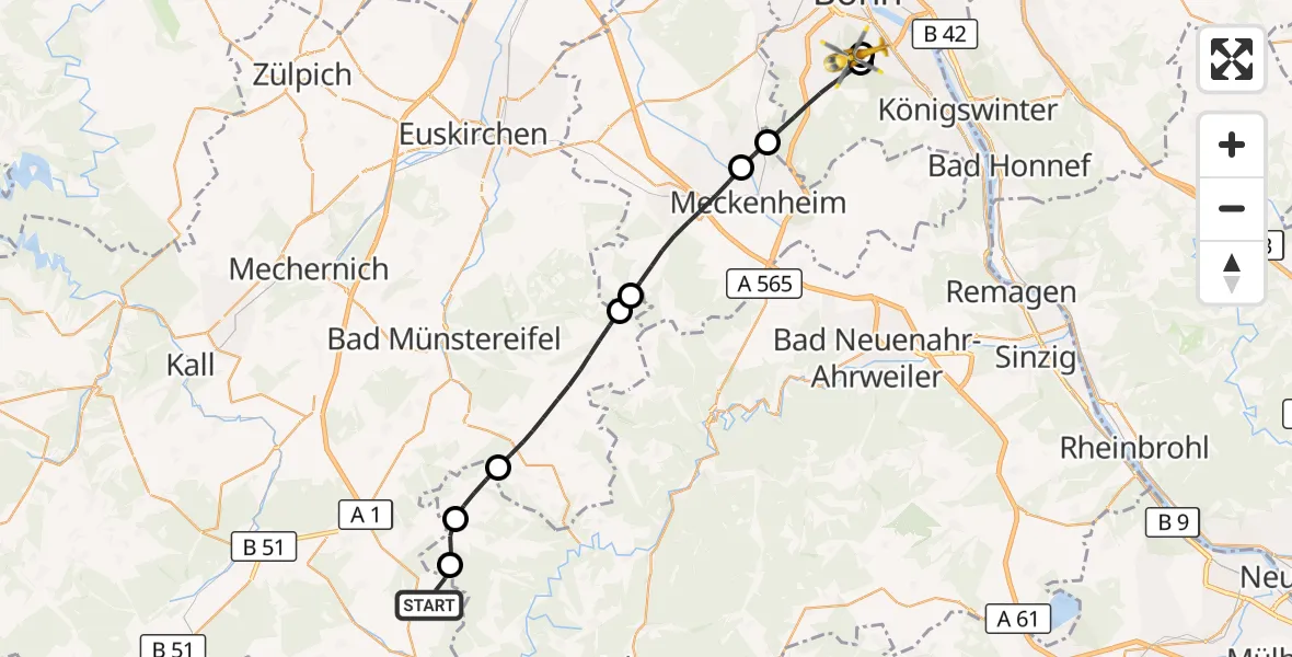 Flugroute Rettungshubschrauber Blankenheim - Bonn University Hospital, 10 Oktober 2026, 09:43