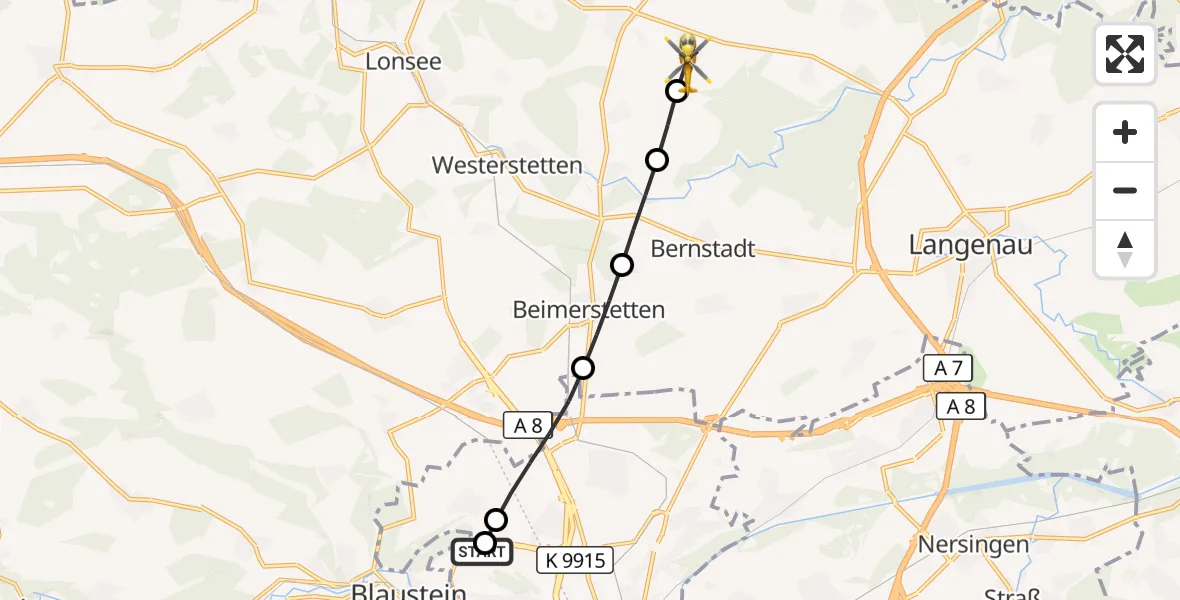 Flugroute Rettungshubschrauber Ulm Military Hospital Emergency - Neenstetten, 10 Oktober 2026, 09:44