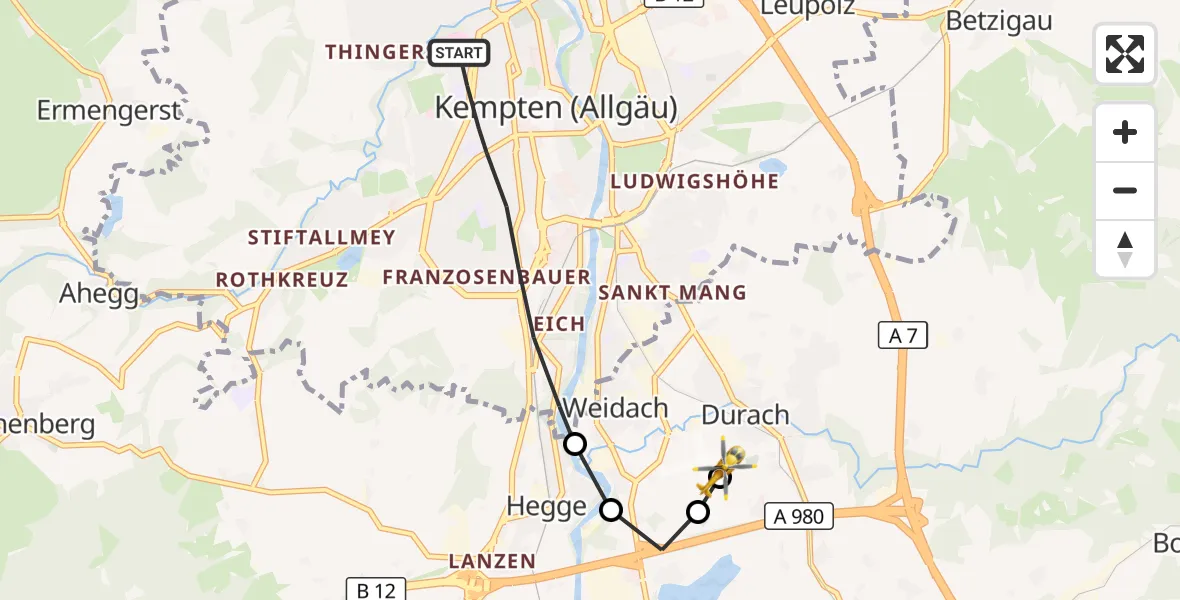 Flugroute Rettungshubschrauber Kempten (Allgäu) - Kempten-Durach Flugplatz, 10 Oktober 2026, 09:48
